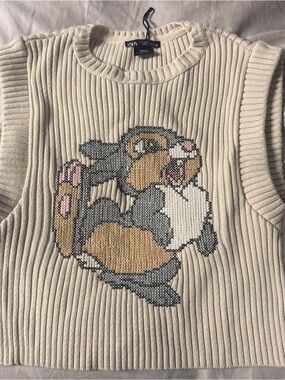 Zara Cream Ribbed Sleeveless Sweater with Thumper Graphic